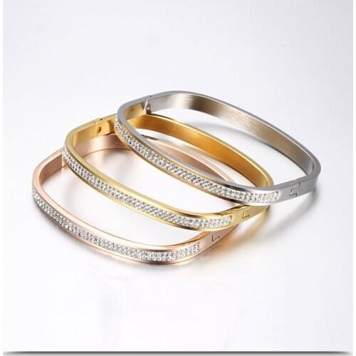 New Cuff Bracelets & Bangles Stainless Steel With 2 Row Cubic Zircon Can Open Bracelet For Women Jewelry