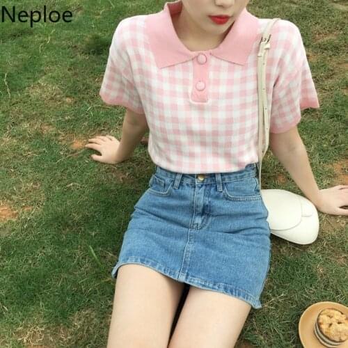 Neploe Plaid Tshirt Summer Knitted T Shirts Women Kawaii Cute Tops Short Sleeve Shirt Korean Vintage Graphic Tee Woman Clothes