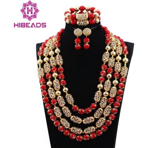 African Red Beaded Statement Necklace Set Wedding Nigerian Jewelry Set for Party New Free Shipping CNR780