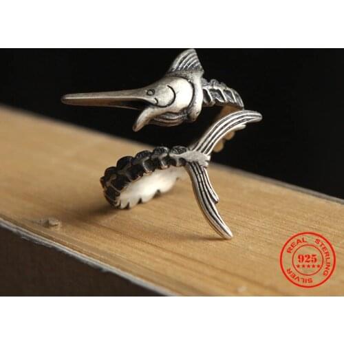 MKENDN Men Women Retro Personality Gothic Old Man And The Sea Marlin Fish Open Ring Genuine 925 Sterling Silver Jewelry