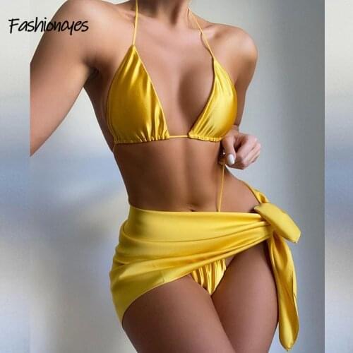 Fashioncyes Summer Sexy Bikini set Swimwear 3 Piece Solid Bandage Satin Swimsuit Women Beachwear Biquini 2021 Bathing Suits New
