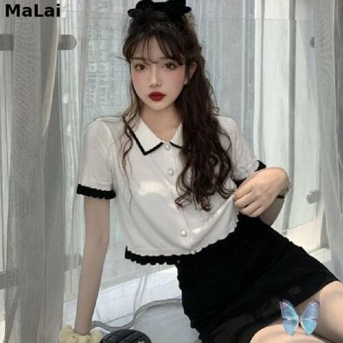 Lolita Fashion Woman TShirts Retro T-Shirt Ruffled Short Sleeves Knitted Top Summer Crop Top Mujer Camisetas Kawai White Black