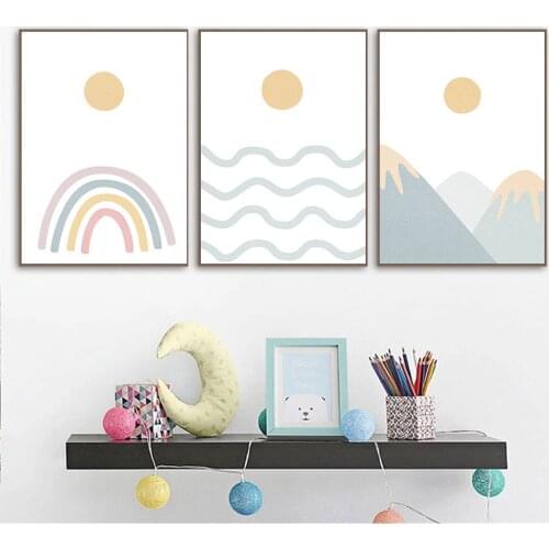 Cartoon Wave Mountain Posters Sun Rainbow Canvas Print Painting Nursery Wall Art Poster Nordic Wall Pictures For Kids Room Decor