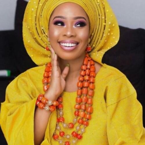 Dudo Jewelry African Necklace 3 Layers Orange and Gold Dubai Necklace Set Nature Coral Beads African Jewellery Set Free Shipping