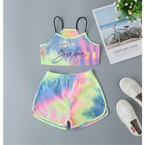 Toddler Baby Girls Tie dye Outfits Sleeveless Spaghetti Straps Tank Top + Elastic Short Pants 2Pcs Clothes Sets 2021 New Fashion
