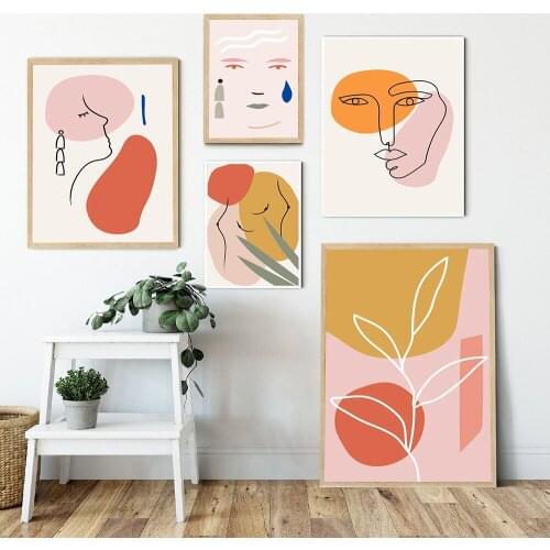 Boho Gallery Wall Prints Burnt Orange Art Abstract Line Face Posters Plant Leaves Canvas Painting Bedroom Nordic Decor Pictures