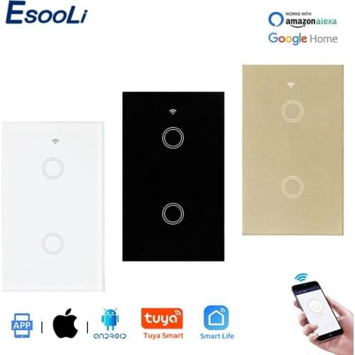 EsooLi Luxury Glass Panel 2 Gang Wall Touch Smart Switches US Standard Tuya Smart Life APP Control Null and Fire Line