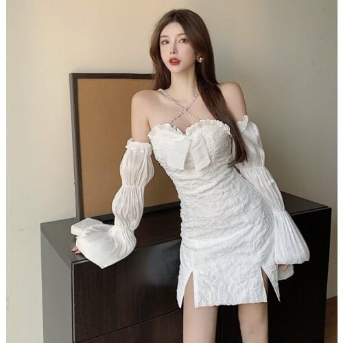 Solid White Summer Womens Dress Sexy Off-the-shoulder Split Suspender Dresses 2 Wear Sunscreen Long-sleeved Vestidoes