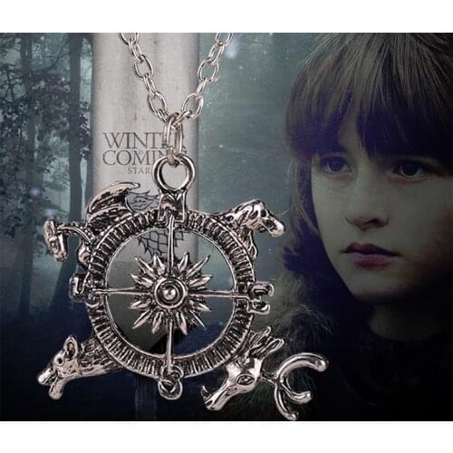 Compass Necklace Wolf Dragon Animal Song Of Ice And Fire Vintage Antique Silver Color Pendant Movie Jewelry Men Women Wholesale