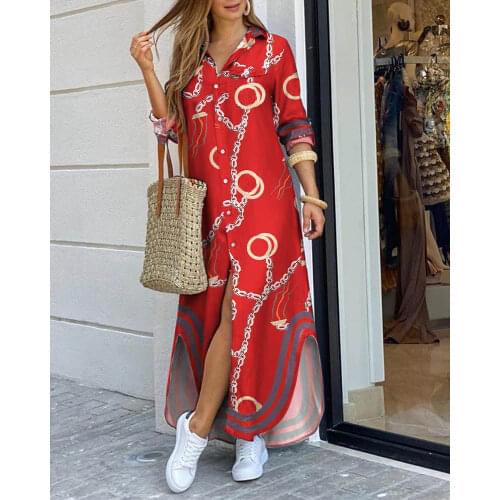 Autumn Plus Size Women Shirt Dress Casual Home Printting Long Sleeve Button Loose Shirt Maxi Dresses for Women
