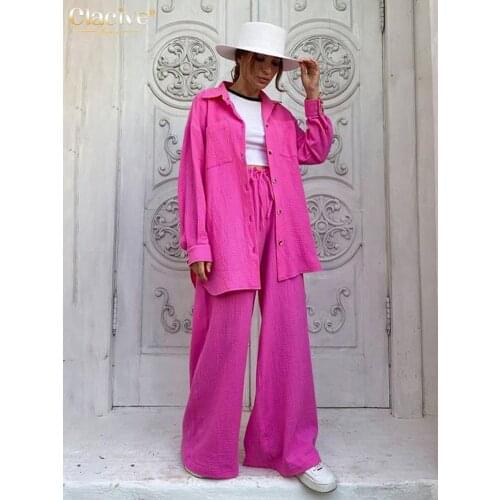 Clacive Casual Loose Pink Two Piece Pants Set Women Fashion Long Sleeve Blouses Matching Wide Trousers Suit Lace-Up Pant Sets