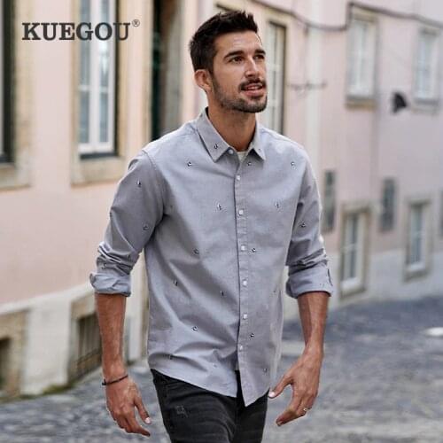 KUEGOU spring Autumn Mens Shirt Long Sleeve Gray fashion Shark fashion embroidery 100% Cotton Shirts men top Plus size BC-20511