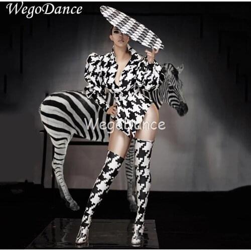Sexy Women Houndstooth Flower Bodysuit Sexy Stage Dance Wear Leotard Dance Performance Leotard For Women And Men
