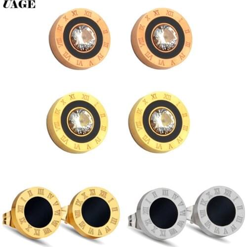 UAGE Fashion New Stainless Steel Acrylic Crystal Stud Earrings for Women Men Jewelry Vintage Roman Numerals Small Earring 2021