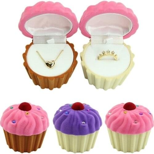 Ring Earring Box Cute Cup Cake Dessert Shape Velvet Ring Earring Necklace Jewelry Box for Valentines Gift