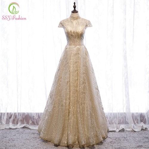 SSYFashion New Gold Evening Dress Banquet Elegant High-neck A-line Sequins Shining Long Prom Formal Gown Vestidos De Fiesta