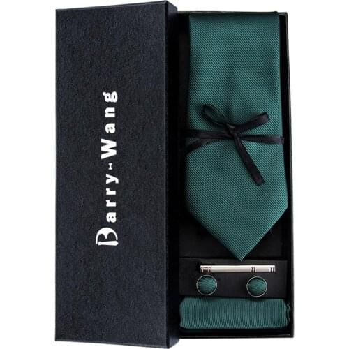 TS-830 Barry.Wang 2018 Mens Ties Necktie Hanky Cufflinks Sets With Gift Box Green Solid Ties For Men Wedding Bueiness Party