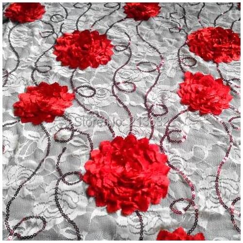 Tulle 1 yard stretch african lace embroidery fabric french laces flower red sequin spandax cotton elastic lace ribbon