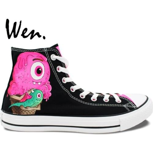 Wen Original Design Custom Hand Painted Shoes Ice Cream Monster Color High Top Men Womens Black Canvas Sneakers