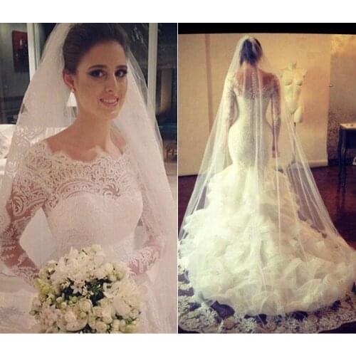 Vintage Wedding Dresses With Sheer Lace Back Mermaid Jewel Long Sleeve Ivory White Bridal Gowns Dress For Wedding Arabic