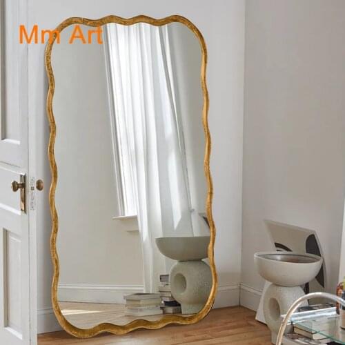 French full body mirror custom wall mounted full body mirror wood frame wave decoration mirror wall simple retro floor mirror