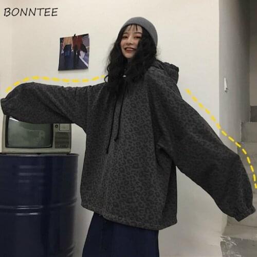 Women with Hat Hoodies Thickening Leopard Oversize Harajuku Draw String Pullovers Hip Hop Tops Warm Popular Females Autumn New