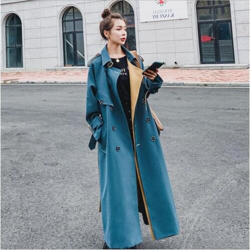 Women Trench Coat Windbreaker Blue Double Breasted Korean Style Lady Office Coat With Belt Female Outerwear Spring New