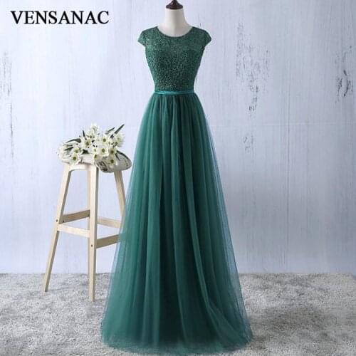 VENSANAC 2018 A Line O Neck Long Evening Dresses Elegant Tulle Tank Party Lace Embroidery Sash Prom Gowns