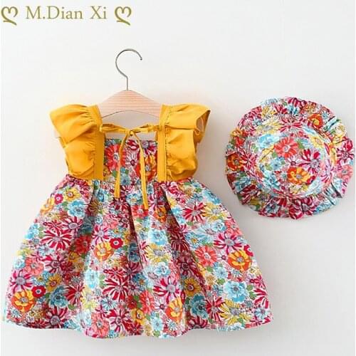 2021 New Fashion Baby Girl Dresses Princess Clothing Cute 2pcs Set Party Cotton Flower Children Bow Hat Sleeveless Sweet 1-3Y