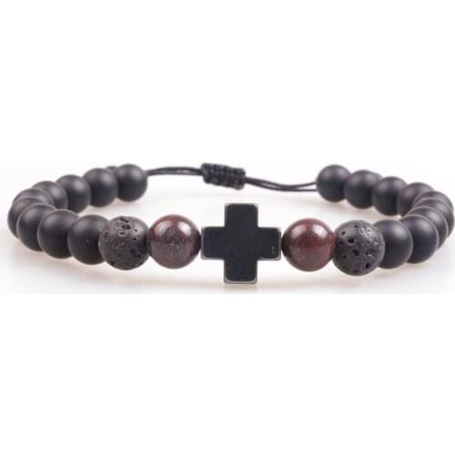 8mm Stone Beads Bracelet Braided Rope Black Matte Cross Charm Healing Balance Beads Yoga Bracelet For Mens Dropshipping