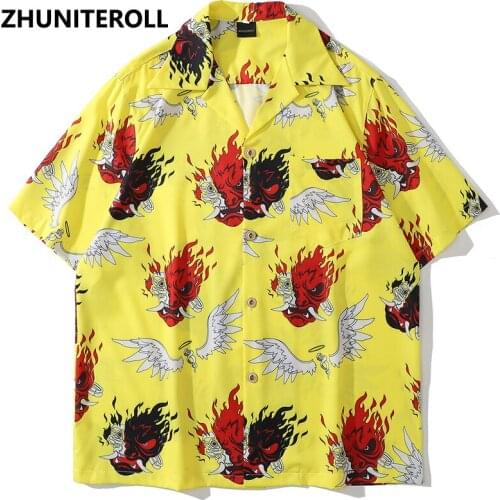 2021 Hawaiian Casual Blouse Hip Hop Streetwear Gothic Punk Evil Head Print Short Sleeve Vintage Shirts Harajuku Men Summer Tops