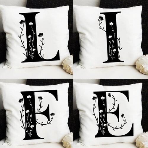 Black Flower English Alphabet Cushion Case Letter Pillow Cover Soft Pillowcase Nordic Home Livingroom Chair Decor Throw Pillows