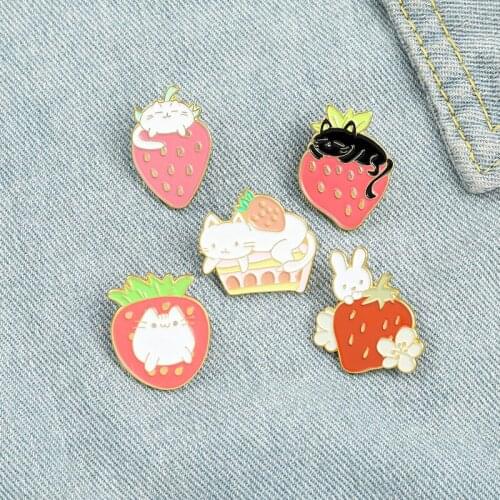 Sweet Strawberry Garden Enamel Pins Custom Cat Bunny Fruit Cake Brooches Shirt Lapel Pin Badge Bag Cartoon Jewelry Gift for Kids