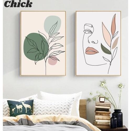 Green Plant Leaves Cactus Canvas Poster Woman Face Art Print Abstract Painting Line Drawing Wall Picture Living Room Home Decor