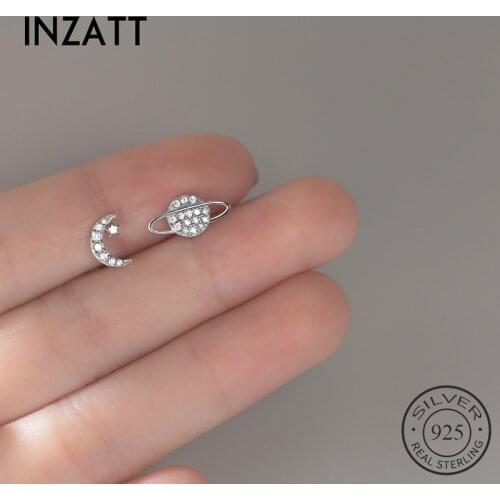 INZATT Real 925 Sterling Silver Zircon Moon Star Asymmetry Stud Earrings For Fashion Women party Fine Jewelry Cute Accessories