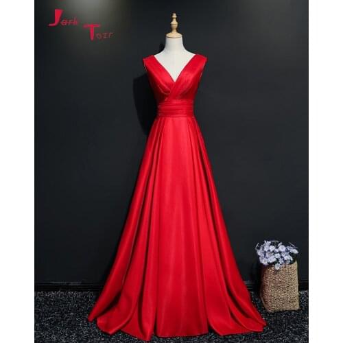 Jark Tozr Custom Made Long Formal Dresses Vestido De Festa V-neck Lace Up Red Satin A-line Evening Gown China Online Shop