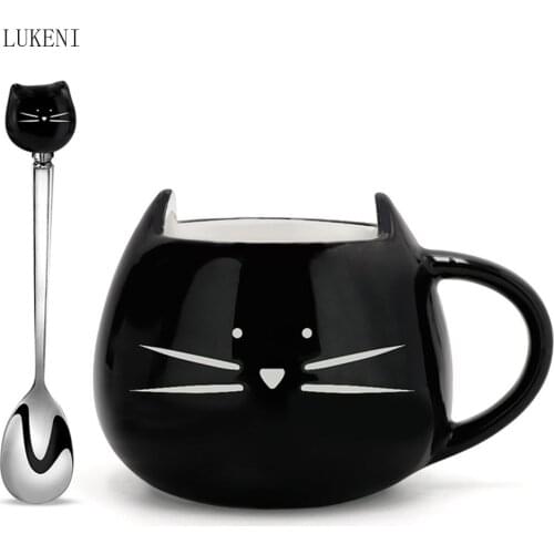 Ceramic Cute Cartoons Cat Mugs 420ml coffee cup Tea Milk Mug black White With spoon Gift