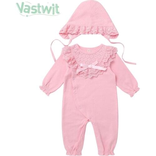 Spring Autumn Newborn Baby Girl Clothes Lace Princess Infant Jumpsuit Girls Clothing Suit Romper Bodysuit+Hats 2pcs Sets
