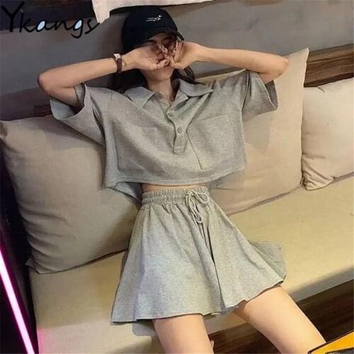 Casual Loose Cargo 2Pcs Sets Polo Collar Short Sleeve T-Shirt+High Waist Wide Leg Skirt Shorts Culottes Women Summer Sport Suit
