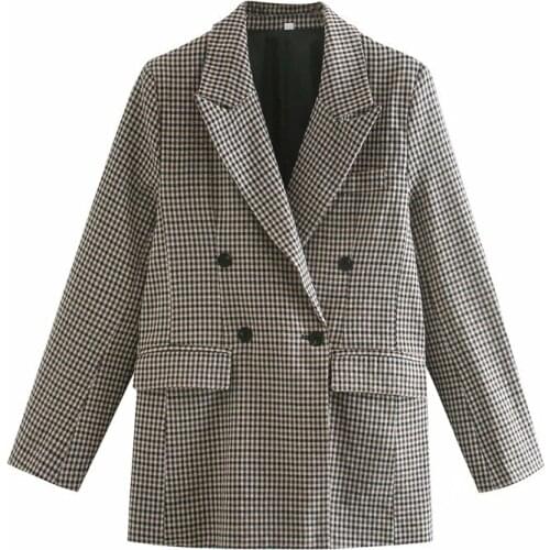 Merodi Autumn Women Vogue Double Breasted Pockets Za Long Blazers Office Lady Casual Long Sleeve Plaid Outwear Jackets Chic