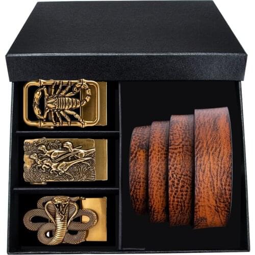 Hi-Tie Luxury Box Belt for Men Gift Cowskin Genuine leather Belt for Men Casual Orange Cowboy Jeans Belt Strap Gold Buckle