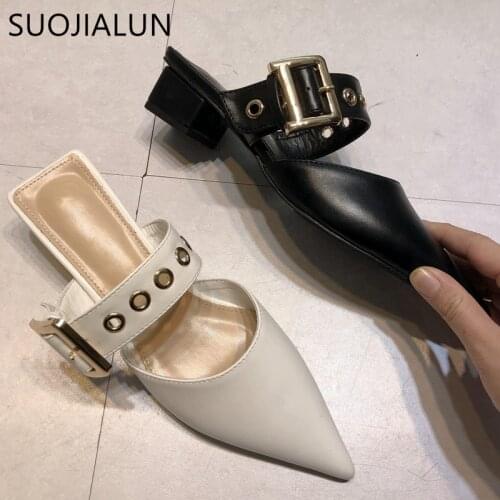 SUOJIALUN 2021 Spring Women Slippers Brand Metal Buckle Slides Pointed Toe Slip On Mules Shoes Ladies Luxury Outdoor Sandals