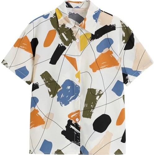 Irregular Contrast Color Stitching Printed Blouse Womens Summer 2021 New Loose Short-Sleeved Korean Ladies Tops Blusa Feminina