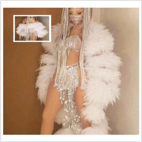 H186 Feathers Celebration Show Stage Wear Party Drilling Chain Diamond Trailing Dress Crystal Tassels Sexy Pole-Through Bodysuit