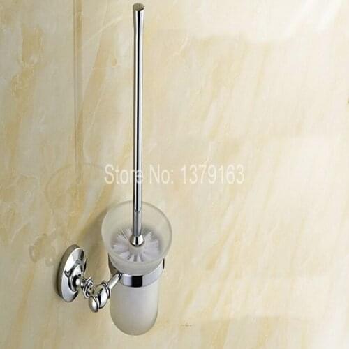 Luxury Polished Chrome Brass Wall Mounted Toilet Brush & Holder Set White Brush Glass Cup Bathroom Accessory aba809