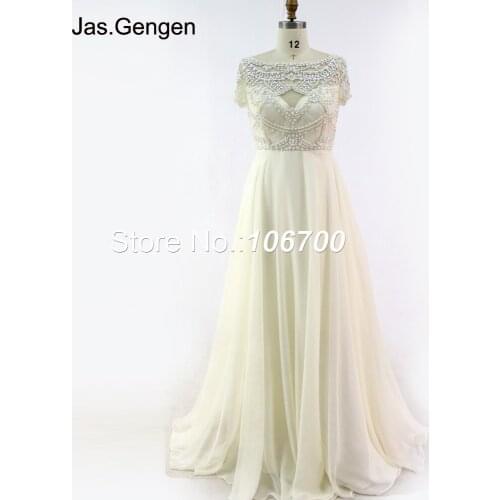 New Heavy Crystal Beading Evening Dress Boat Neck Short Sleeve Backless Chiffon Prom Gown 964C