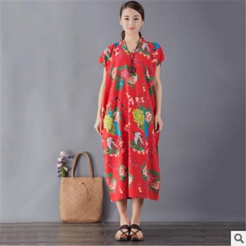 Top brand Art Summer Retro V neck Cotton and Linen Loose Dress 01728 high quality