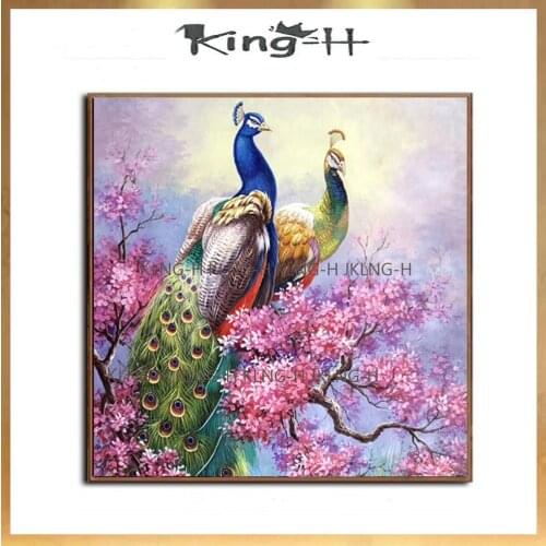 Gran tamaño pintado a mano alta calidad hermoso Animal Pavo Real apertura pluma pintura al óleo sobre lienzo azul arte Pavo Real