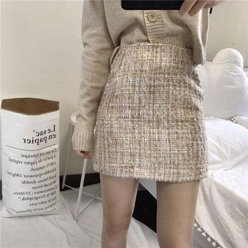 Vintage Plaid Tweed Skirt Women High Waist Zipper Short Skirts Pencil Bodycorn Kawaii Cute Autumn Winter Skirt Plus Size A027