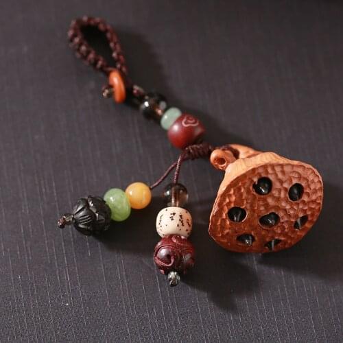 Vintage Natural Wood Beads Craft Key Chain Lotus Charms Pendant Key Chains with Stone Beads For Women Men Hanging Accessories